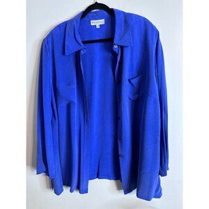Dressbarn 100% Silk Blouse 18W Blue Button Front Plus Size Long Sleeve